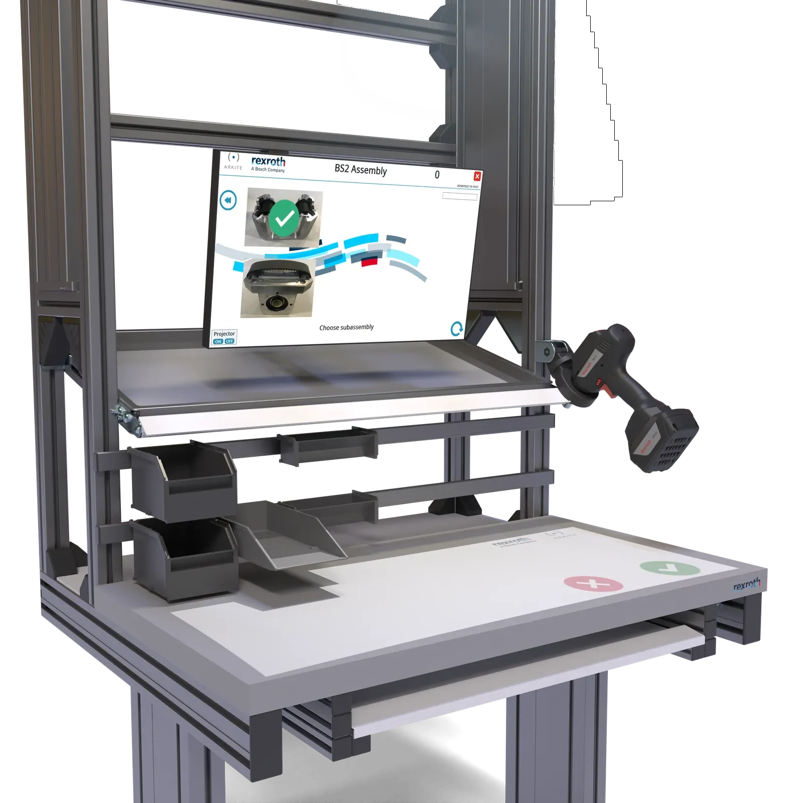 Illustration of an ergonomic aluminium profile workstation with Arkite guidance software, tool and picking bins