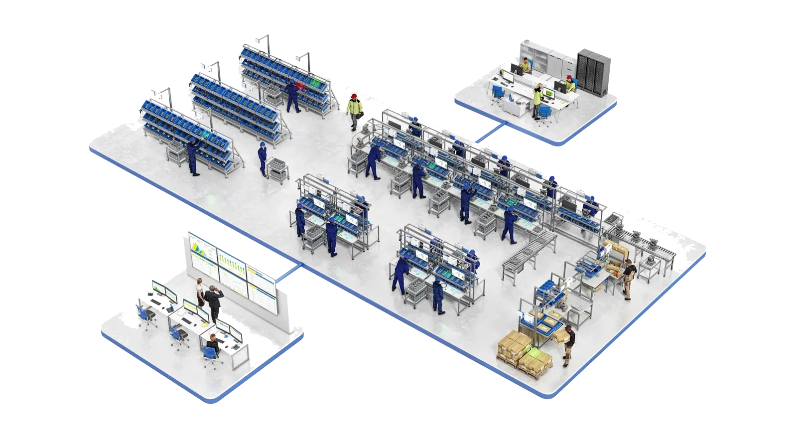 Illustration of a plant with picking, assembly and packaging workstations connected to a central engineering and control room